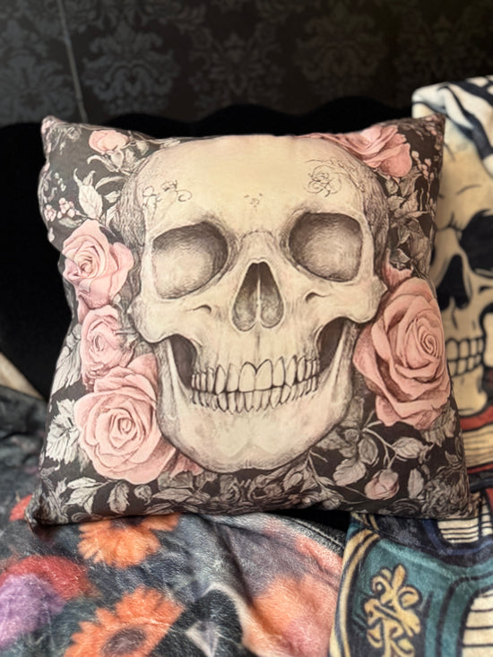 Pink Rose & Skull Throw Pillow